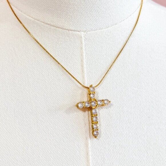 Gold Cross Necklace Waterproof CZ Diamond Pendant  Dainty Snake Chain WATERPROOF - Picture 6 of 14